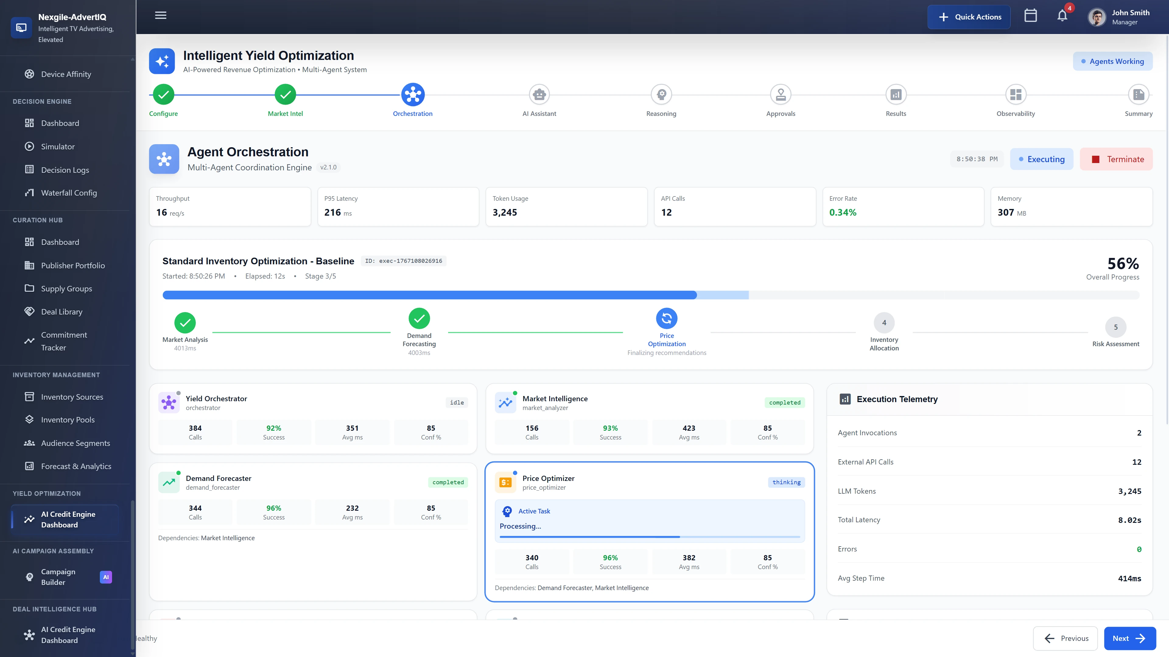 Agent Orchestration dashboard showing multi-agent coordination engine with real-time workflow stages (Market Analysis, Demand Forecasting, Price Optimization), individual agent status cards with success rates and latency metrics, and execution telemetry tracking API calls, LLM tokens, and errors.