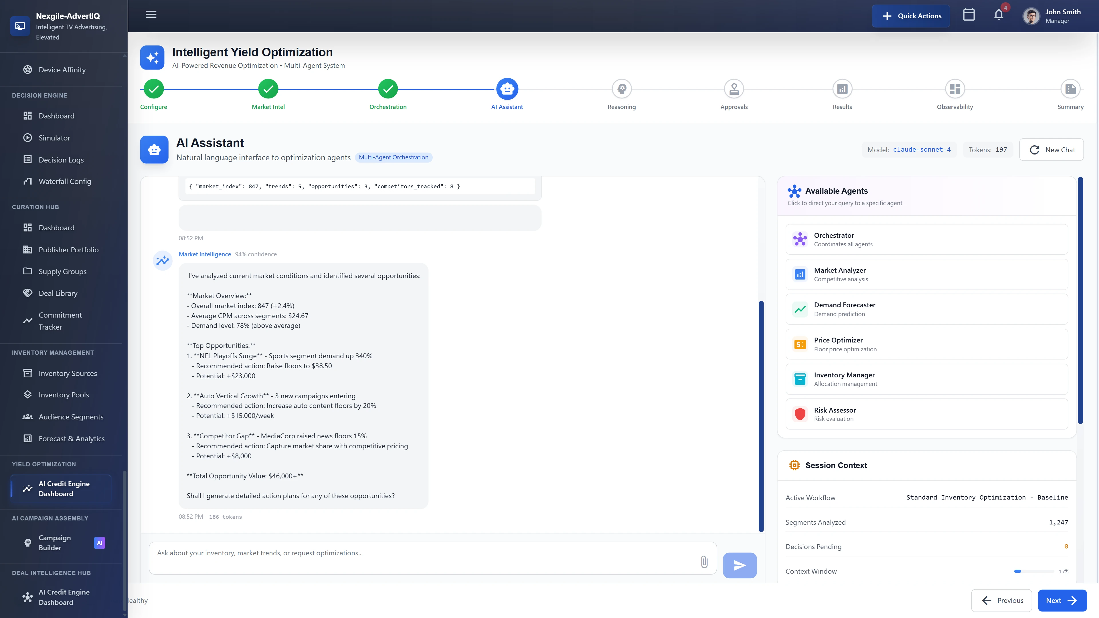 AI Assistant interface providing natural language interaction with optimization agents, displaying Market Intelligence analysis with identified opportunities (NFL Playoffs demand surge, Auto Vertical growth, Competitor Gap), recommended actions with revenue potential, and available agent selection panel.