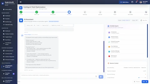 AI Assistant interface providing natural language interaction with optimization agents, displaying Market Intelligence analysis with identified opportunities (NFL Playoffs demand surge, Auto Vertical growth, Competitor Gap), recommended actions with revenue potential, and available agent selection panel.