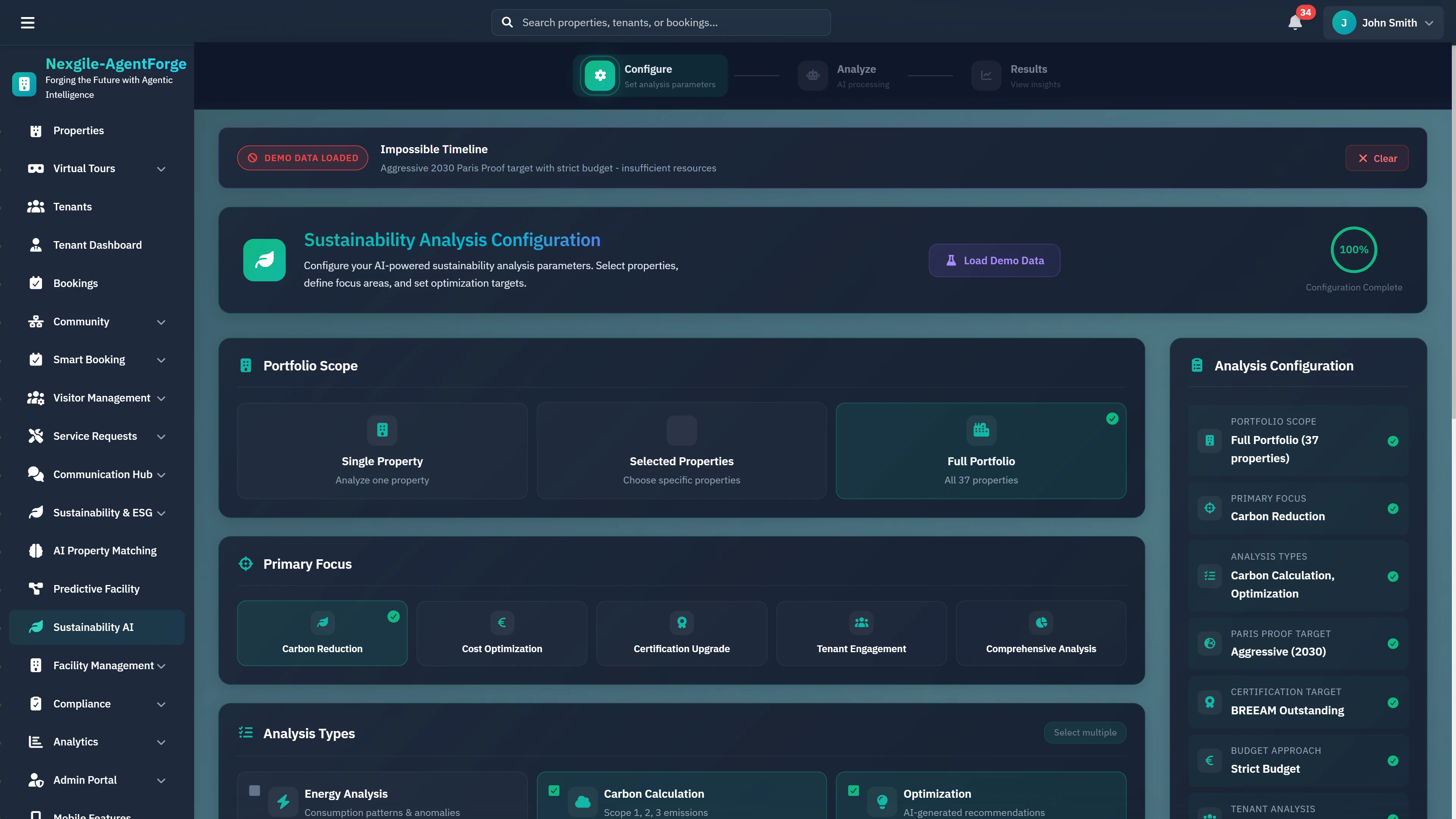Sustainability Analysis Configuration - Setup interface for portfolio scope, primary focus areas, and analysis types including carbon reduction and optimization targets.