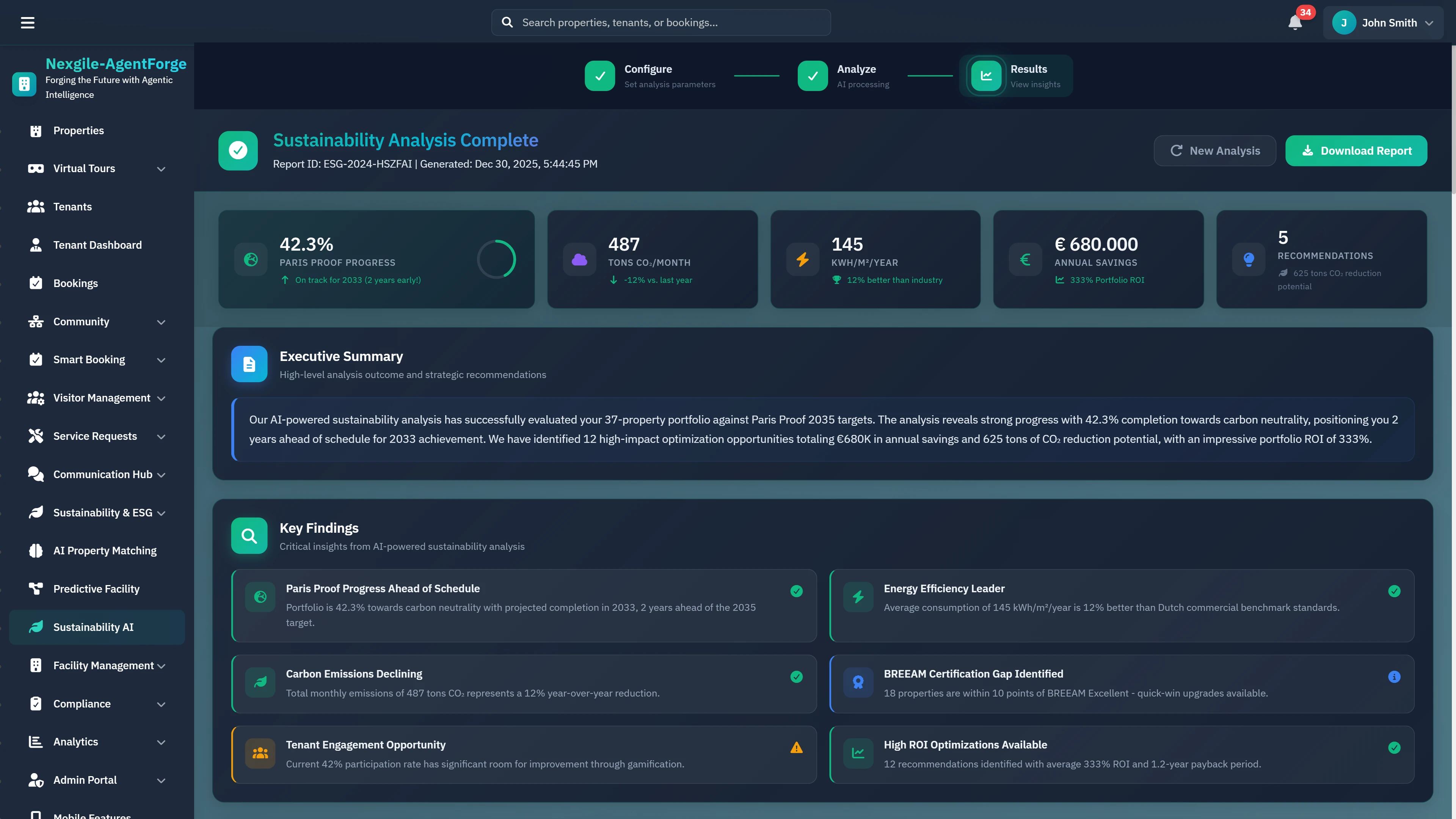 Sustainability Analysis Complete - Executive summary with carbon reduction metrics, energy efficiency, cost optimization opportunities, and key ESG findings.