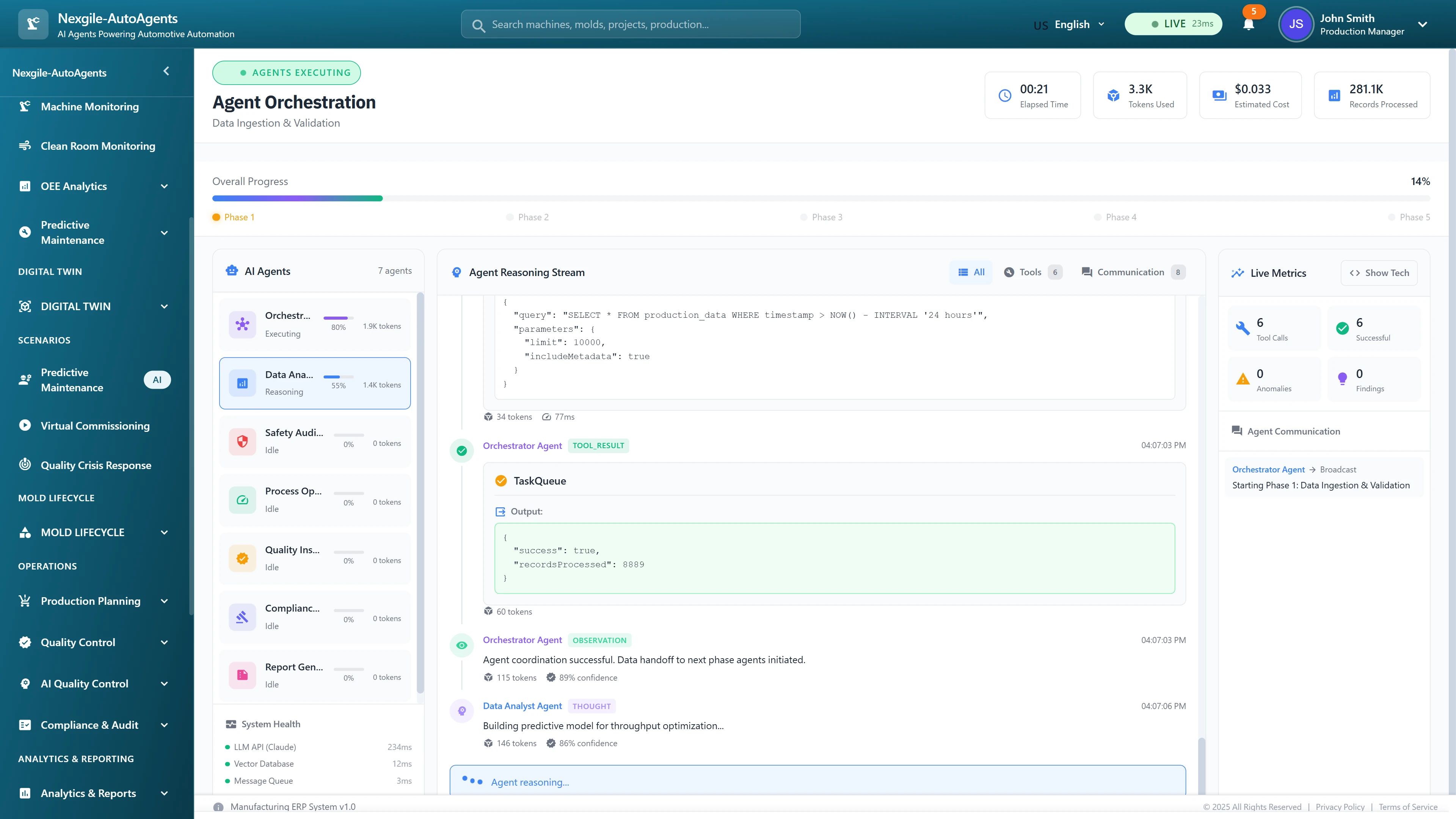 Agent orchestration execution view showing Phase 1 data ingestion with 7 agents, real-time reasoning streams displaying SQL queries and analysis logic, live performance metrics, and inter-agent communication tracking