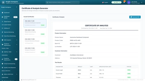 Certificate of Analysis Generator displaying automated quality documentation system with product specifications, dimensional test results, compliance validation against specification limits, and PDF export capabilities for regulatory reporting