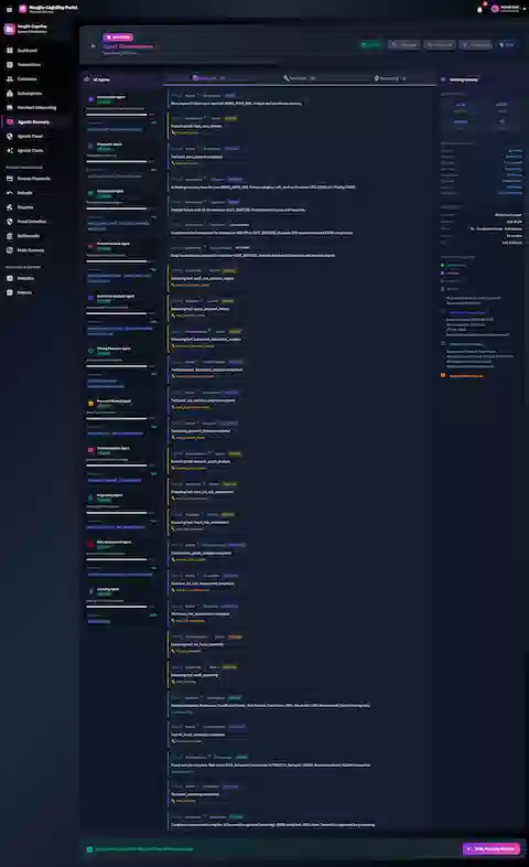 Agent Orchestration view showing real-time multi-agent analysis with 11 AI agents processing payment failure, displaying tool invocations timeline, inter-agent messaging, and working memory with case context.