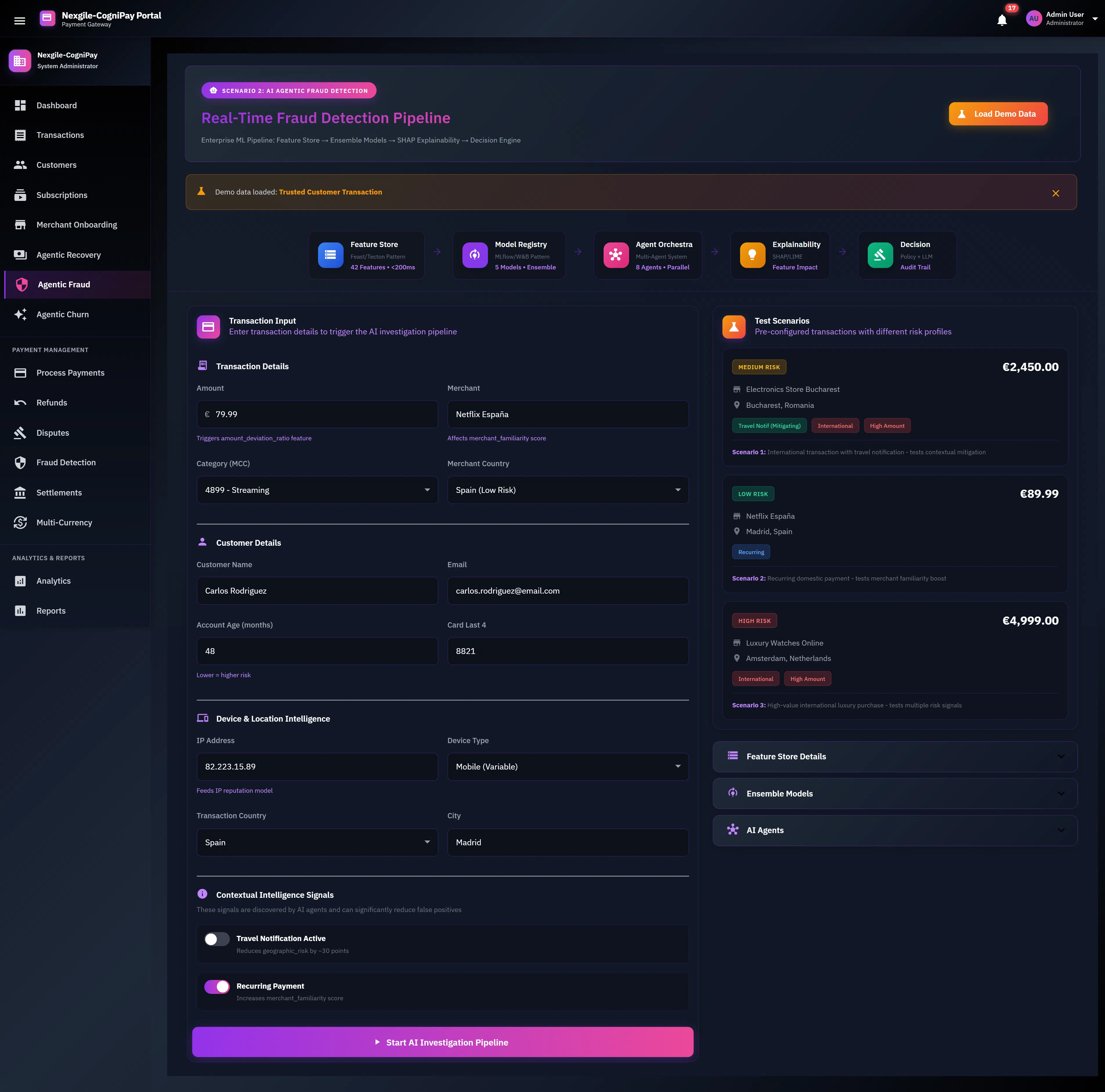 Real-Time Fraud Detection Pipeline interface showing transaction input form with customer details, device intelligence, contextual signals, and pre-configured test scenarios across different risk levels for AI investigation.