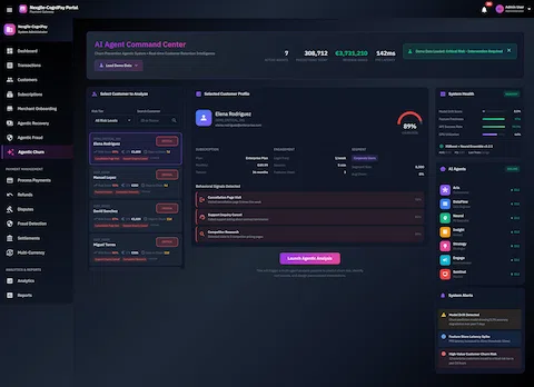 AI Agent Command Center displaying customer selection panel with churn risk scores, detailed customer profile with 89% churn probability, behavioral signals detected, system health metrics, and 7 specialized AI agents ready for analysis.