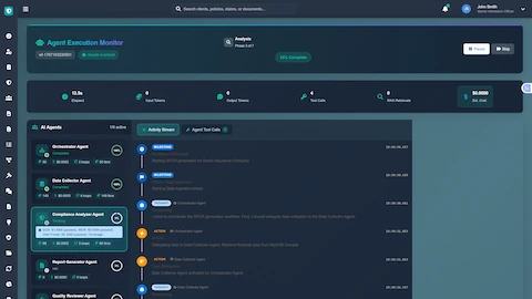 Agent Execution Monitor - Real-time view of AI agents orchestrating data collection, compliance validation, and report generation tasks