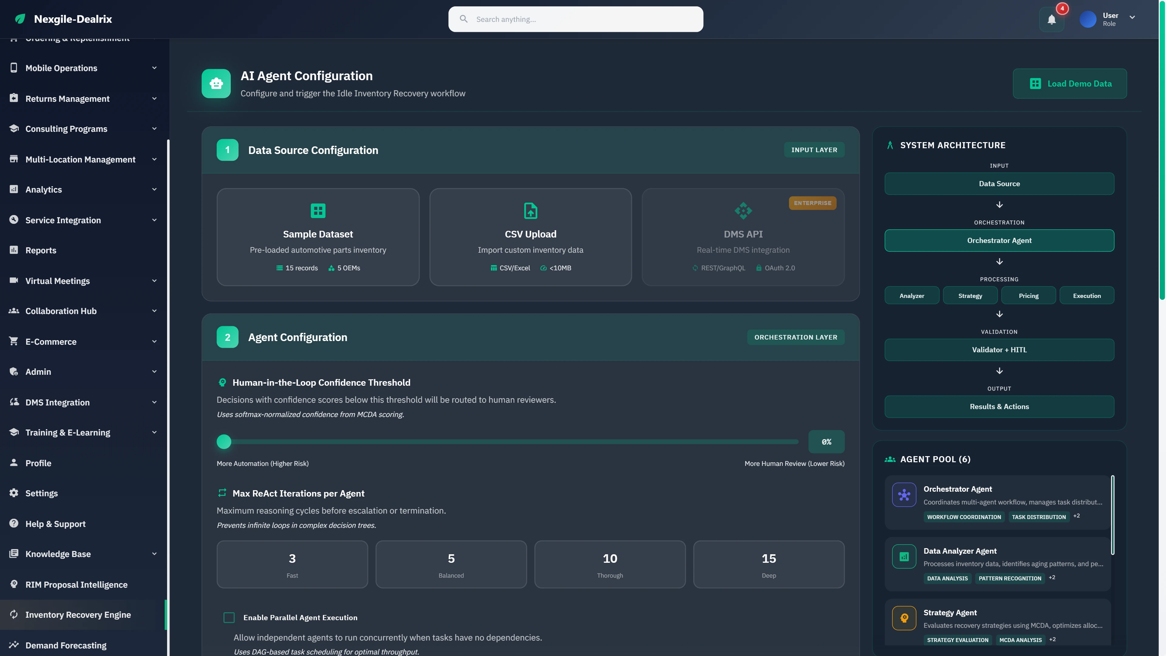 AI Agent Configuration for Idle Inventory Recovery with data source options, human-in-the-loop confidence thresholds, and 6-agent pool architecture.