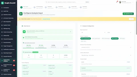 Configure Analysis Input - Data source upload with validation metrics, column mapping, and analysis configuration for Scope 3 emissions categories.