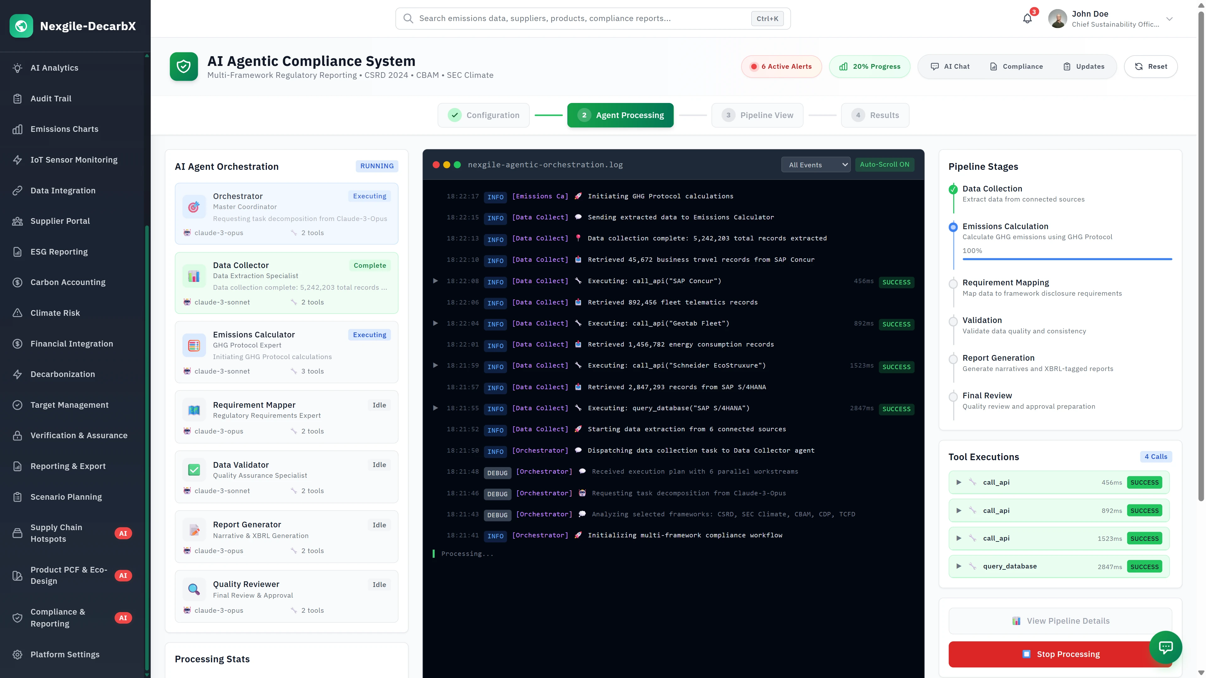 Agent Processing - Live execution view showing orchestrator coordinating multiple agents, terminal log output, pipeline stages, and tool executions in progress.