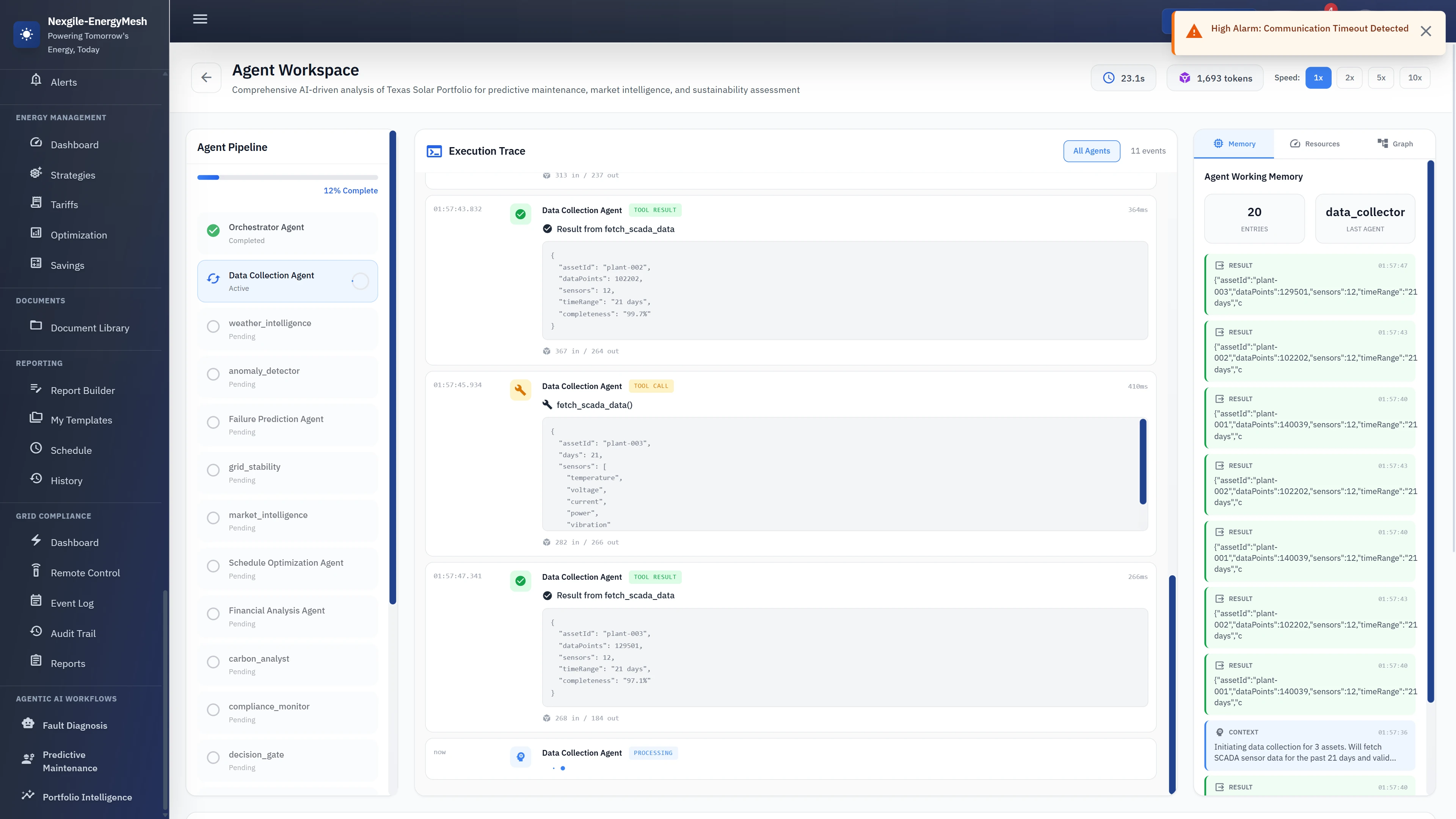 Agent Workspace - Live multi-agent execution with data collection pipeline and real-time processing insights