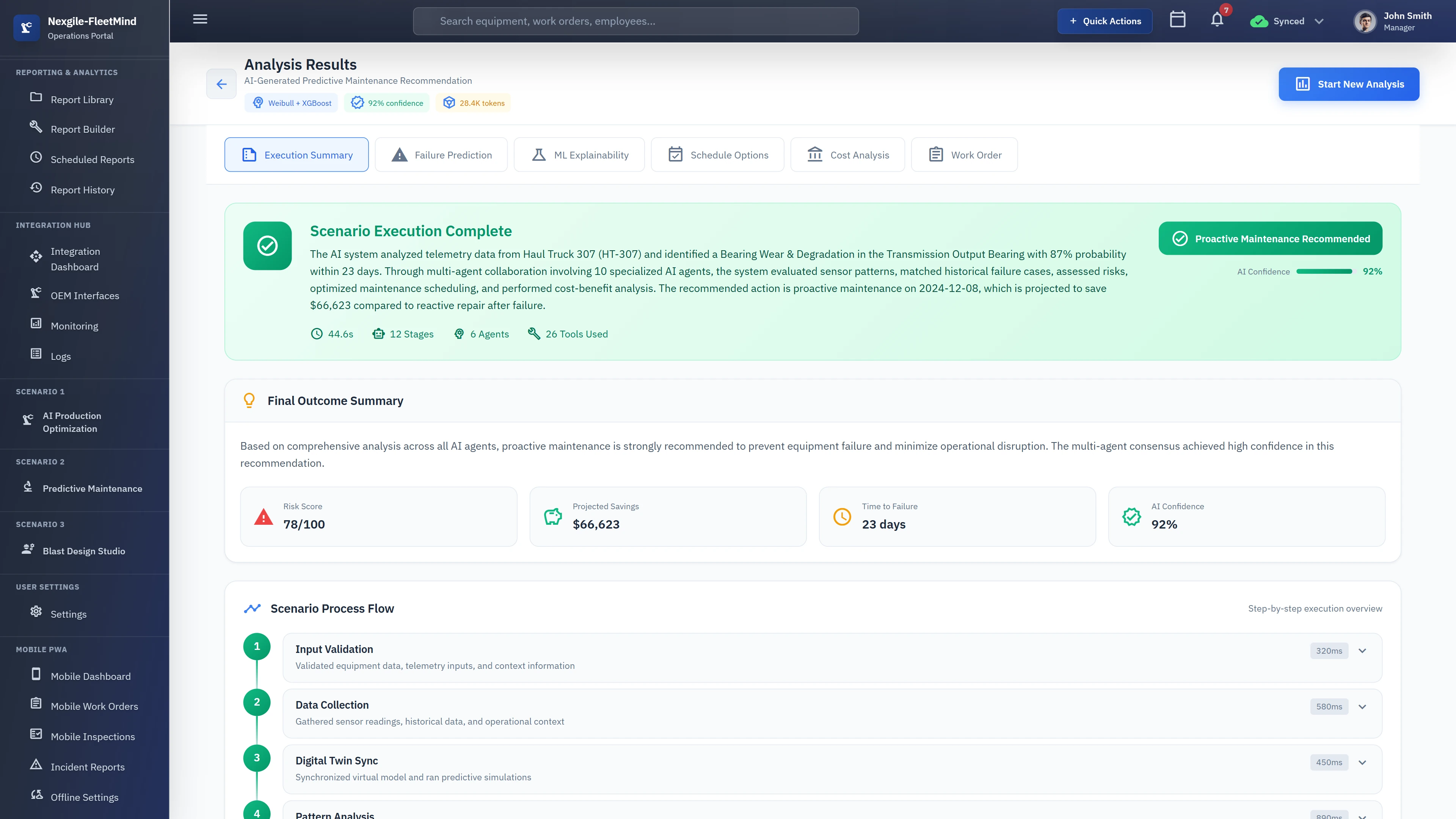 Analysis Results with Execution Summary showing completed scenario with proactive maintenance recommendation at 92% AI confidence, final outcome metrics including risk score, projected savings of $66,623, time to failure prediction, and step-by-step scenario process flow.