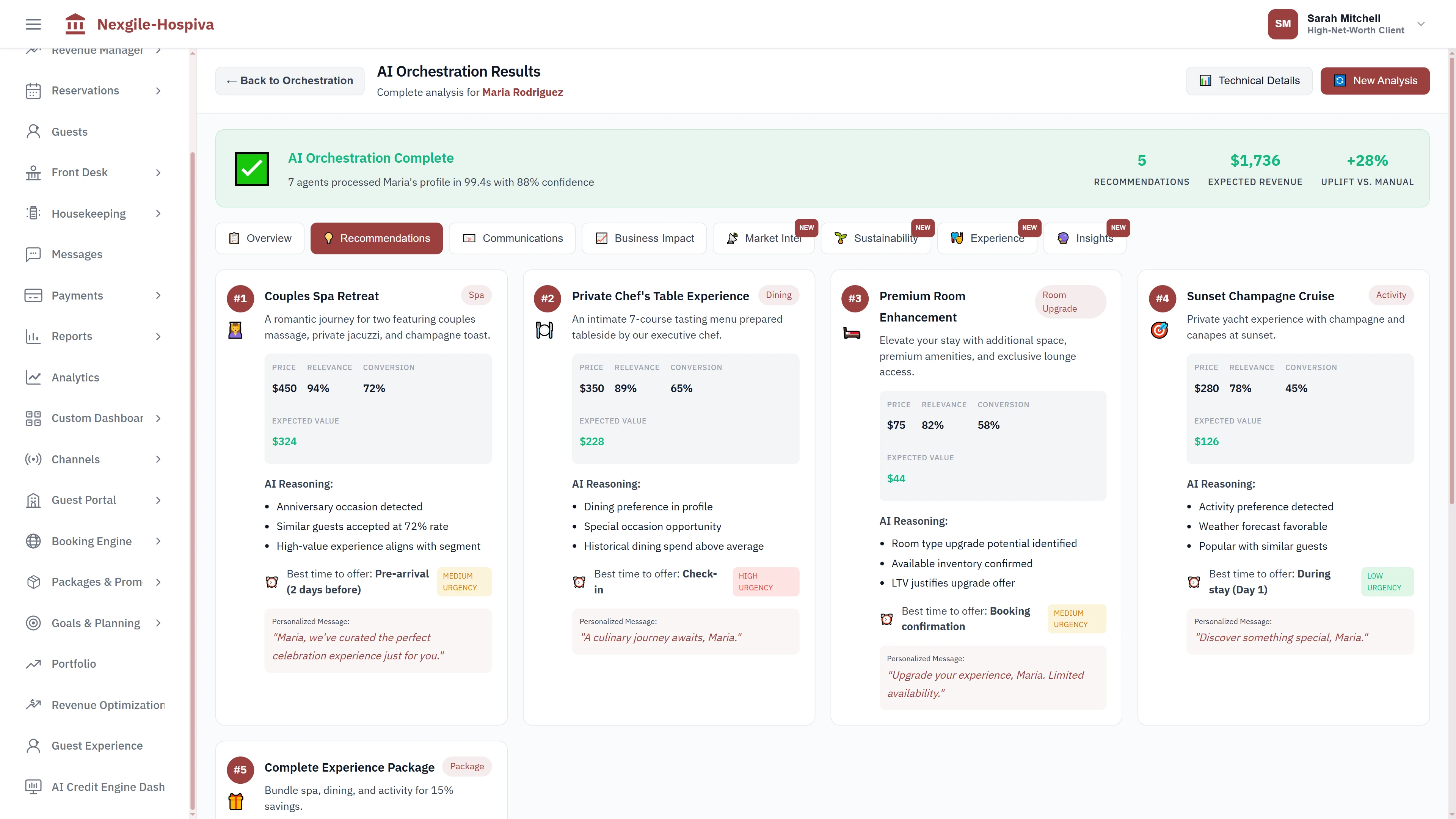 Personalized recommendation results with pricing, relevance scores, AI reasoning explanations, optimal timing, and custom messaging