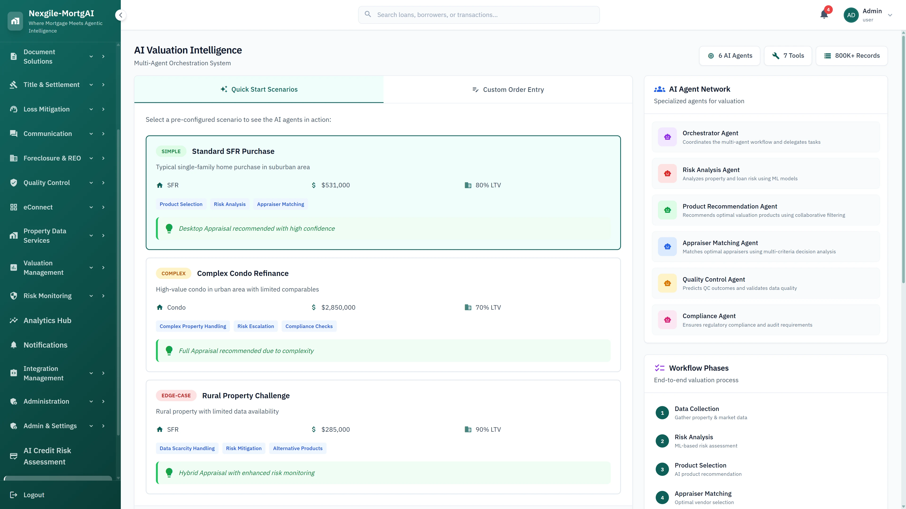 AI Valuation Intelligence interface with quick-start scenarios for SFR, condo, and rural properties showing product recommendations and 6-agent network