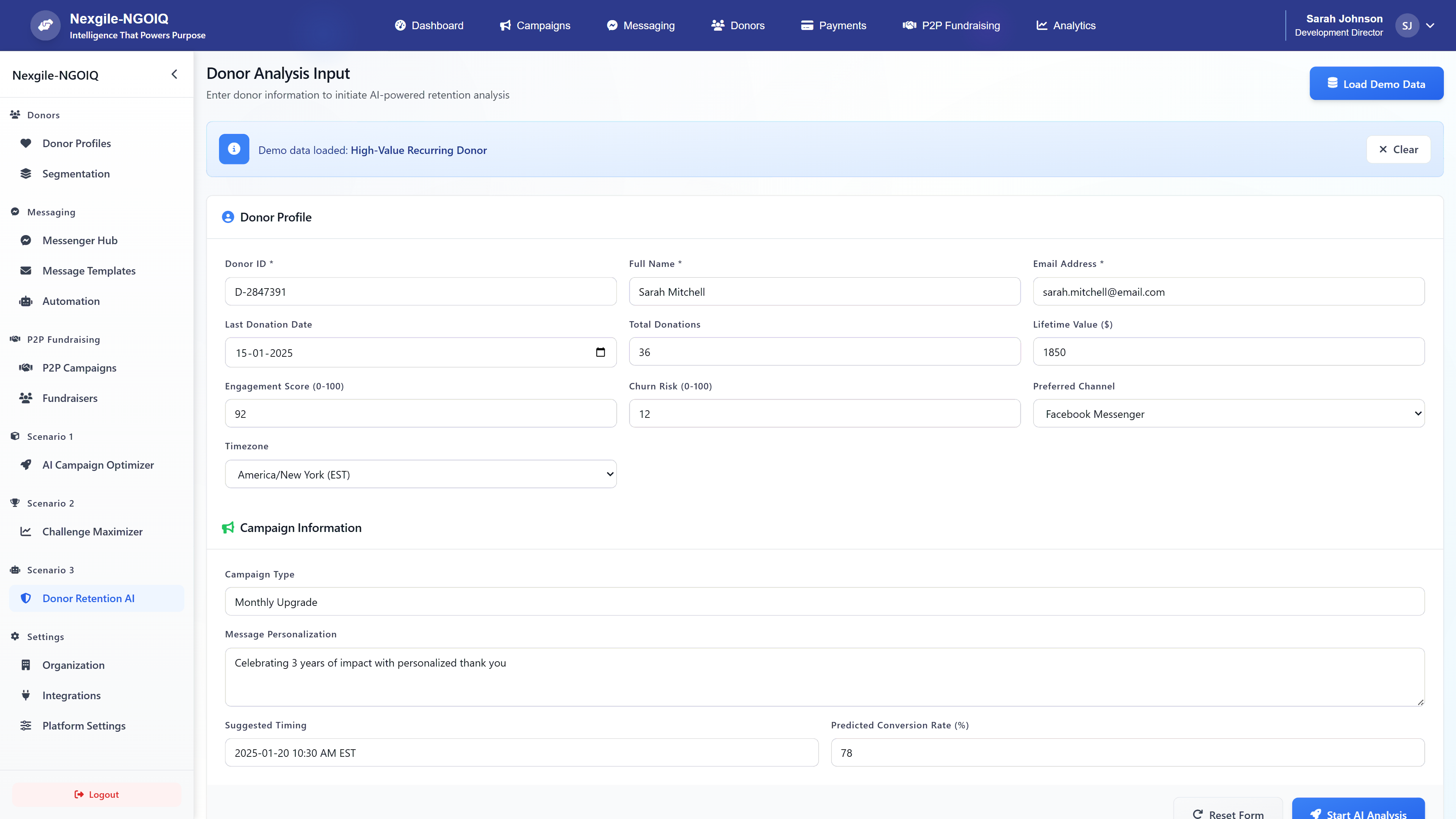 Donor Analysis Input - Enter donor information to initiate AI-powered retention analysis with comprehensive donor profile and campaign configuration