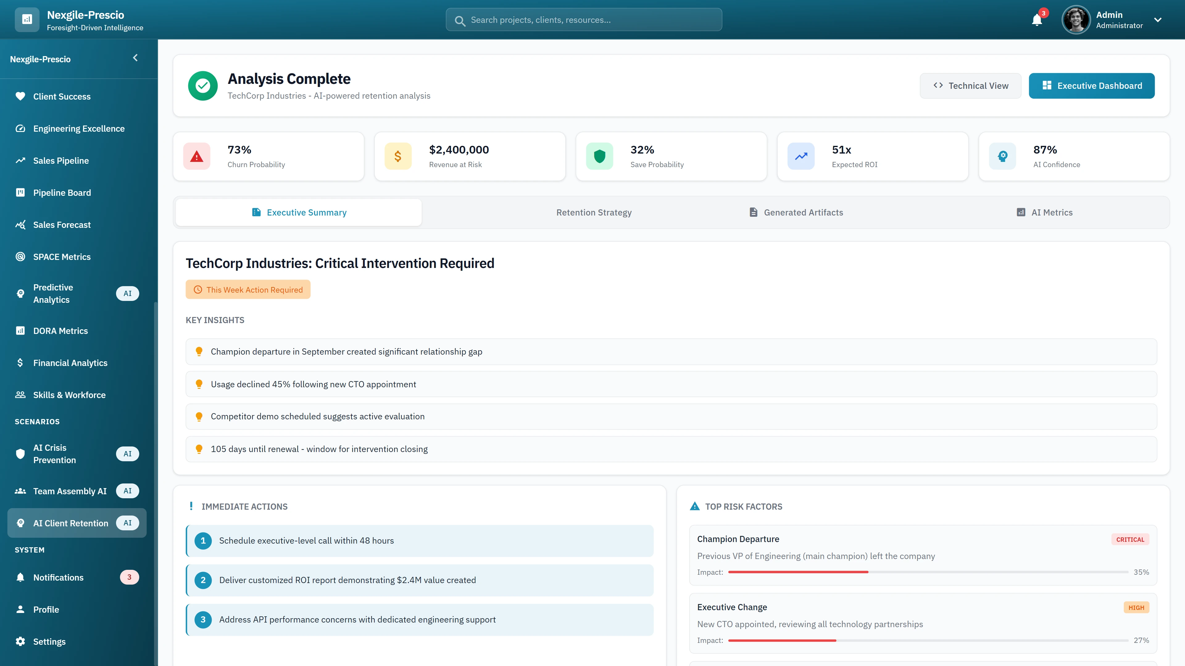 Analysis Complete - Executive summary with churn probability, revenue at risk, retention strategy, and immediate intervention actions prioritized