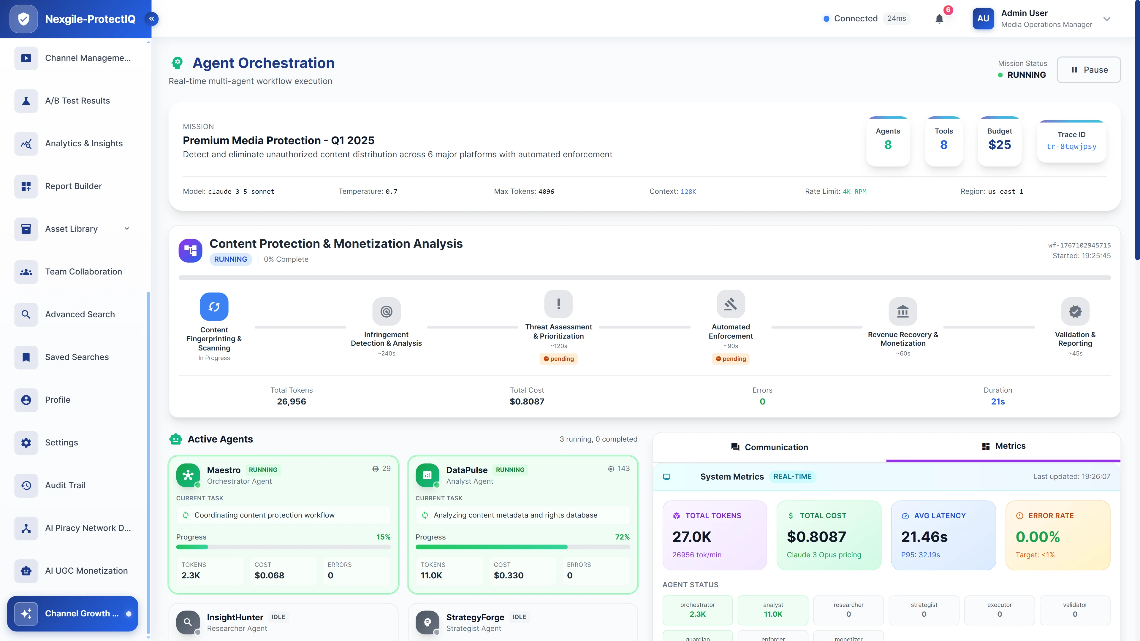 Agent orchestration dashboard showing real-time workflow execution with active agents, system metrics, and LLM performance tracking