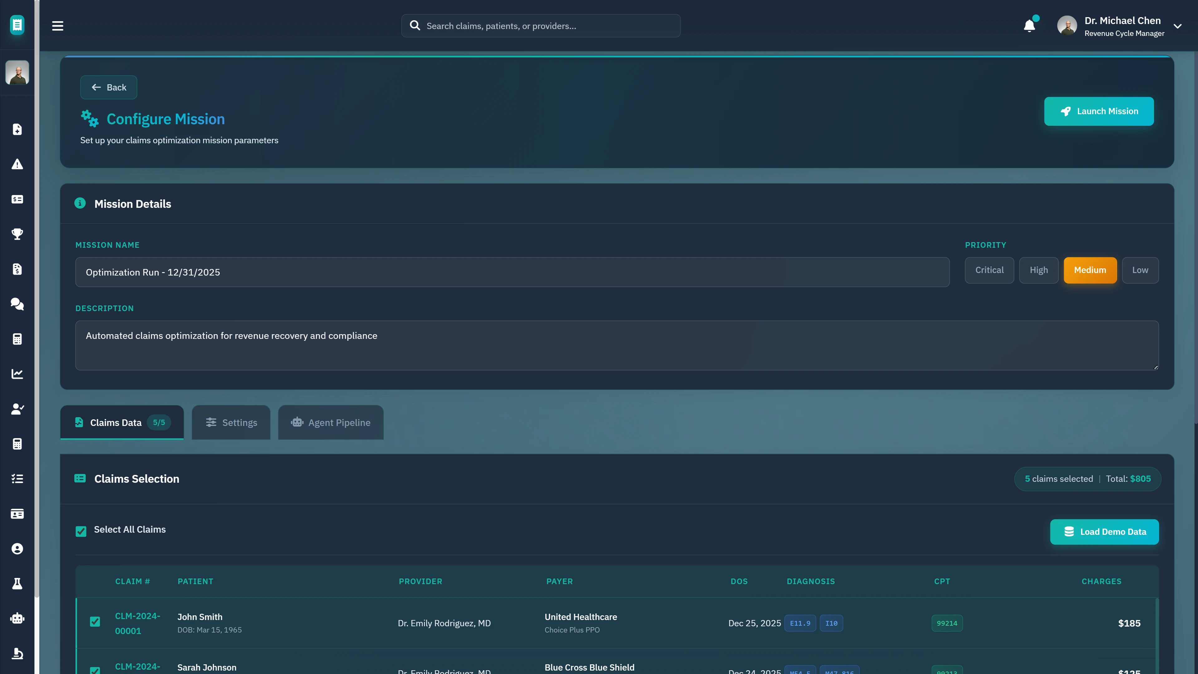 Mission Configuration Interface - Setup claims optimization mission parameters with batch claim selection and priority settings