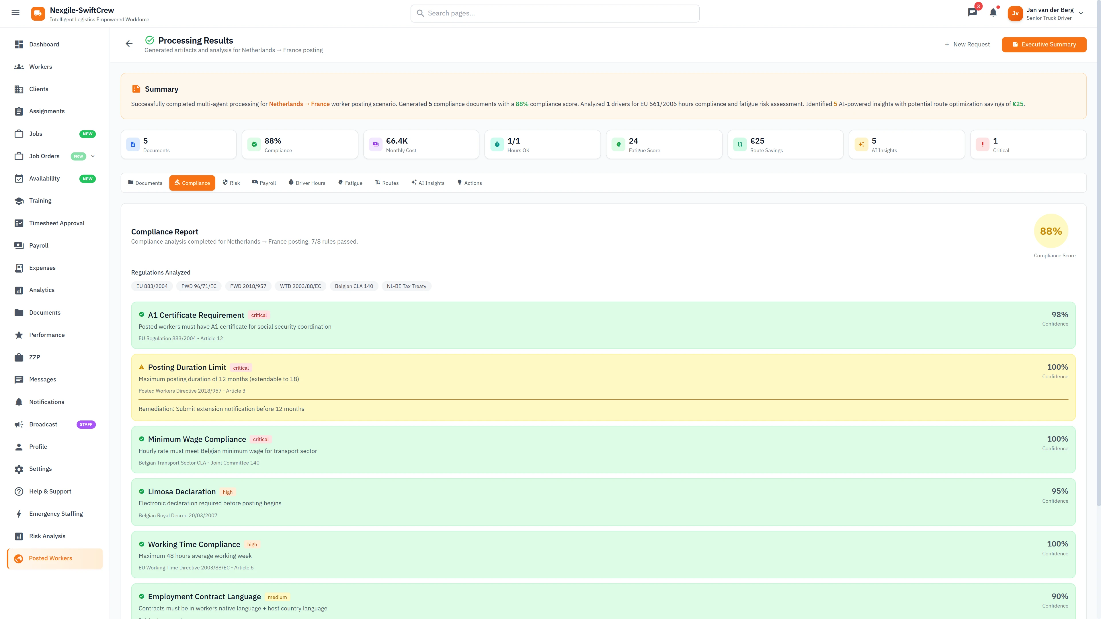Compliance Report - Regulation analysis with pass/fail status, compliance scores, and actionable recommendations