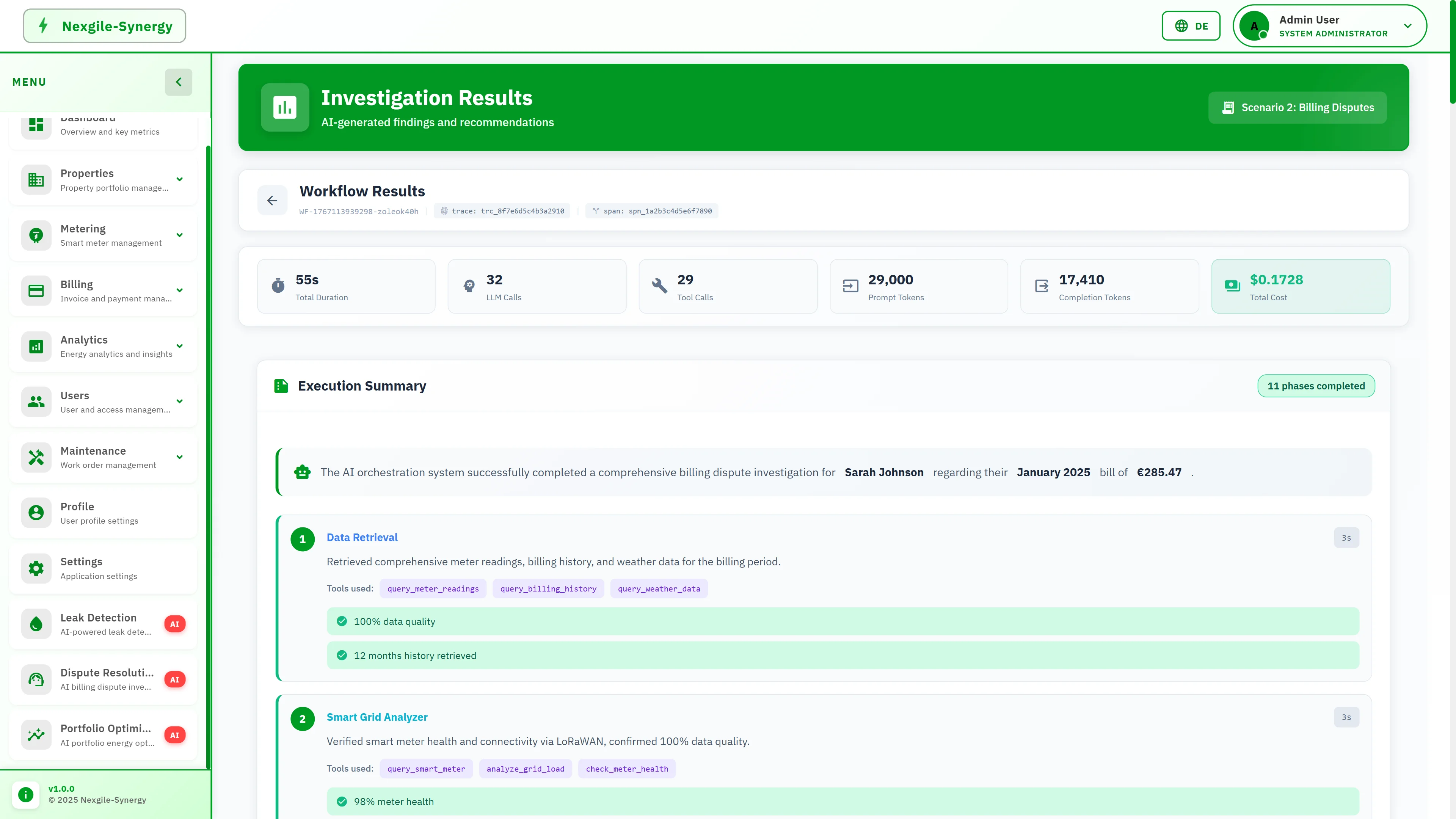 Investigation Results dashboard showing workflow metrics with 55s duration, 32 LLM calls, $0.17 cost, 11 phases completed, and detailed execution steps for data retrieval and validation.