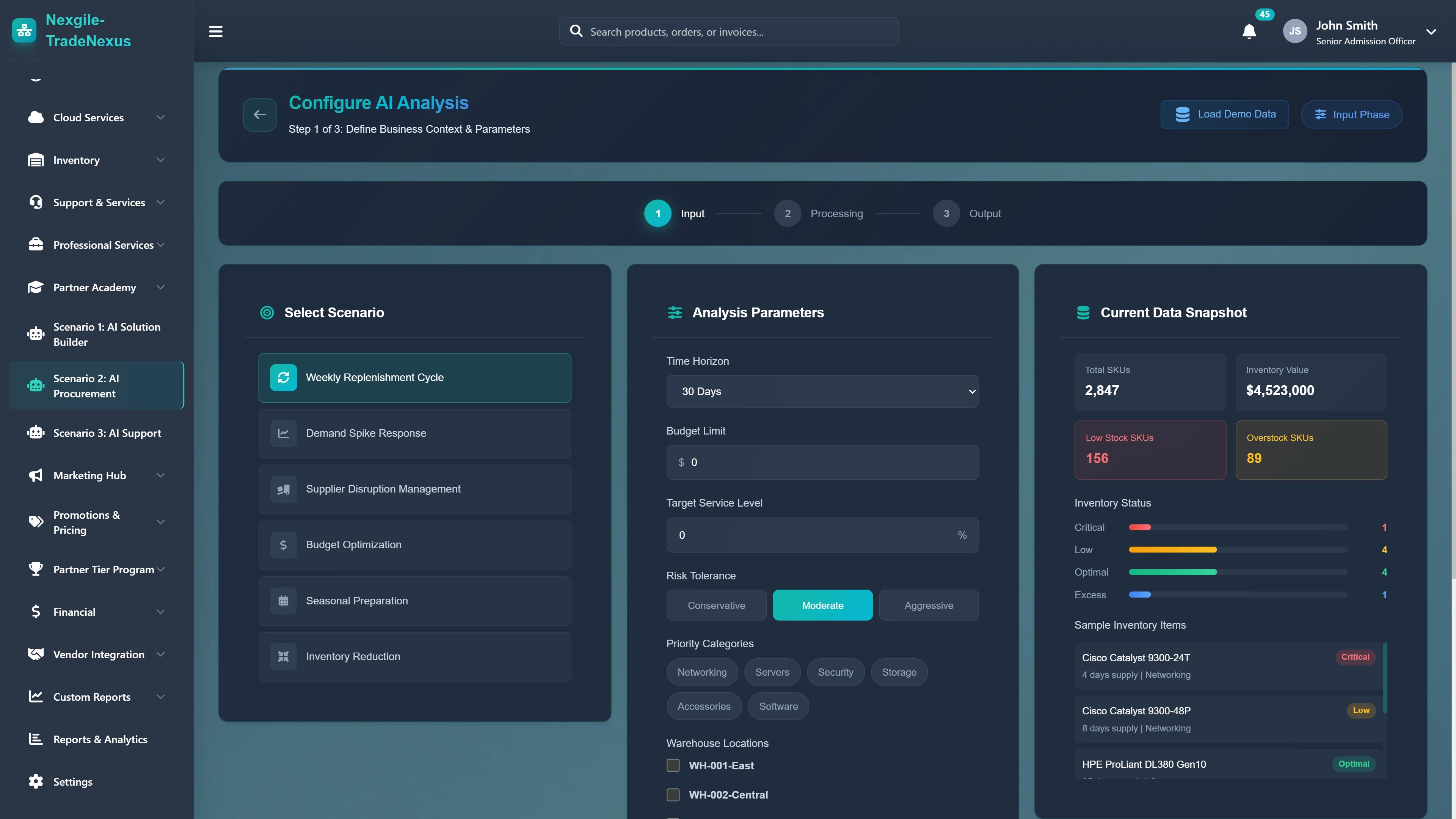 Configure AI Analysis - Scenario selection, analysis parameters, and real-time inventory snapshot with stock status indicators