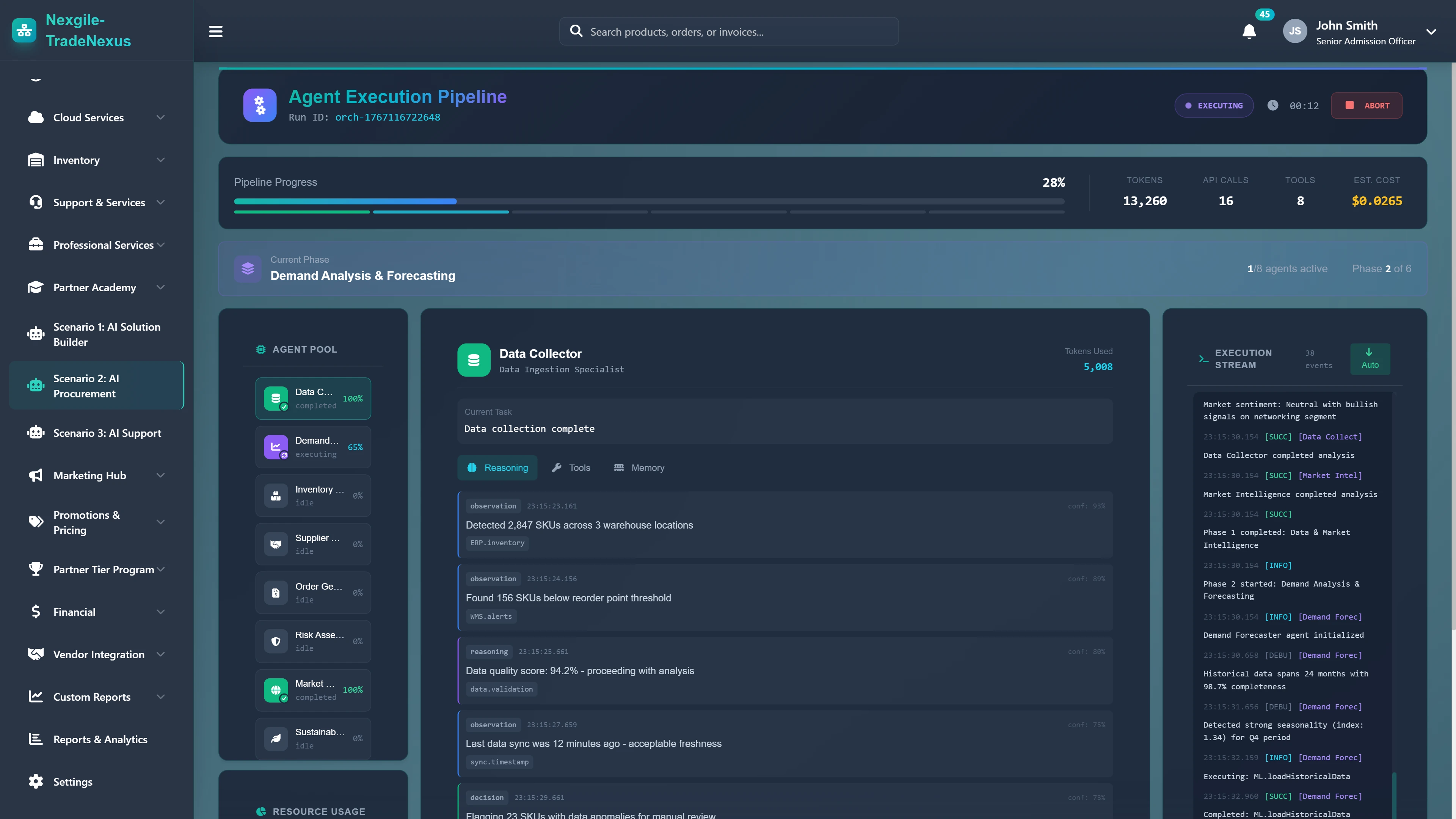 Agent Execution Pipeline - Real-time agent pool monitoring with data collection reasoning and execution stream logs